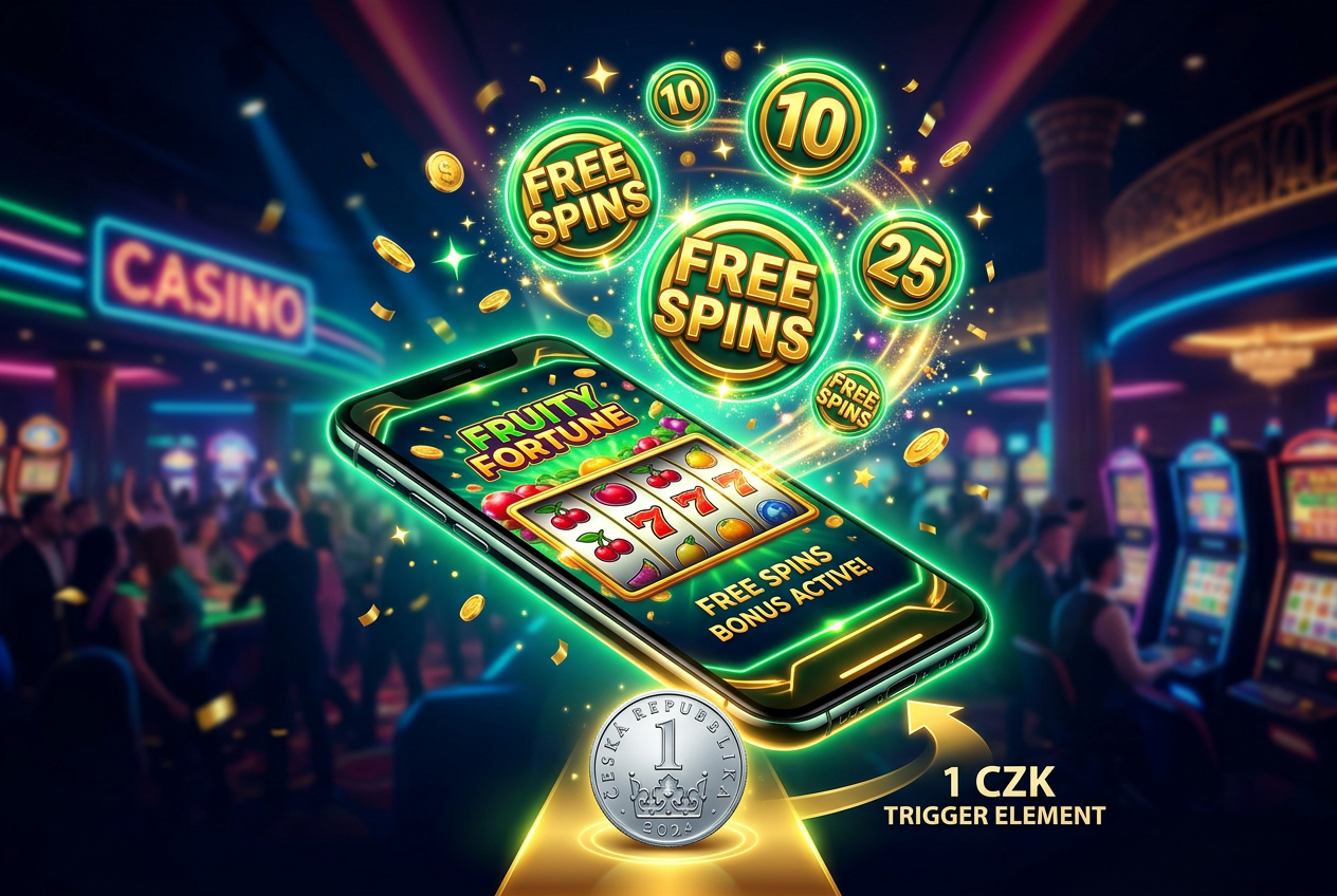 Moderní rozhraní casino aplikace zobrazující bonusové free spiny aktivované malým vkladem