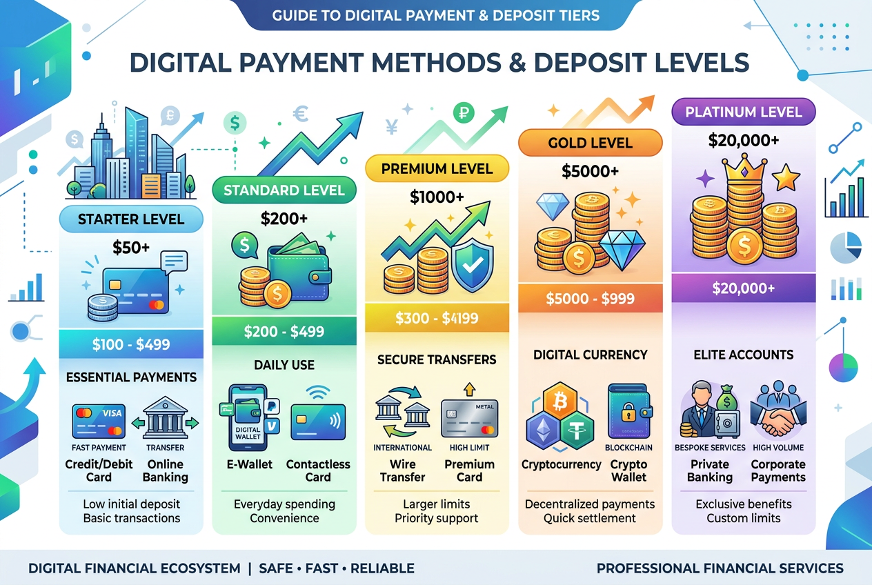 Infografika platebních metod a úrovní vkladů v online kasinech