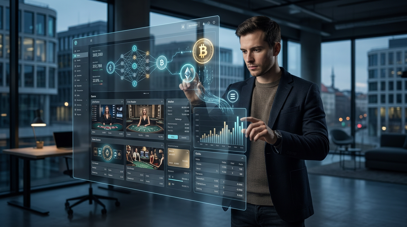 Futuristické rozhraní krypto kasina s vizualizací blockchainu a kryptoměn