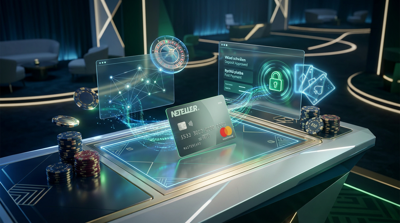 Neteller logo a karta v prostředí luxusního digitálního kasina