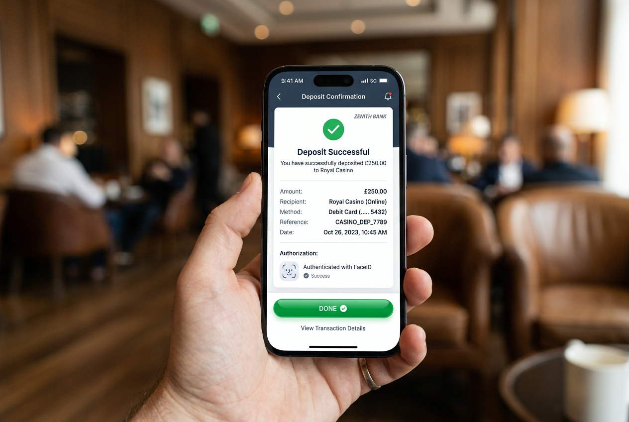Rozhraní mobilní aplikace Revolut při potvrzení platby do online casina